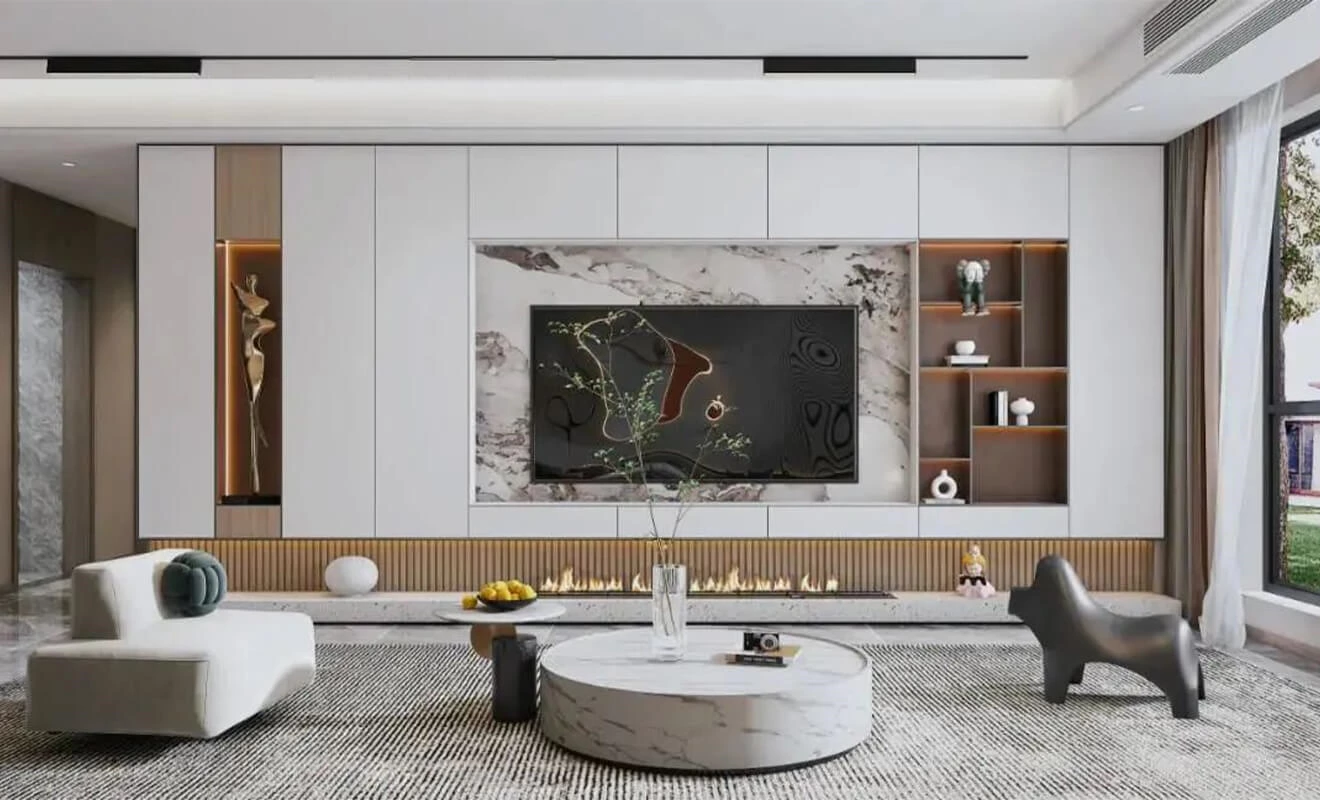 TV wall cabinet with integrated wall storage panels TV wall cabinet with integrated wall storage panels