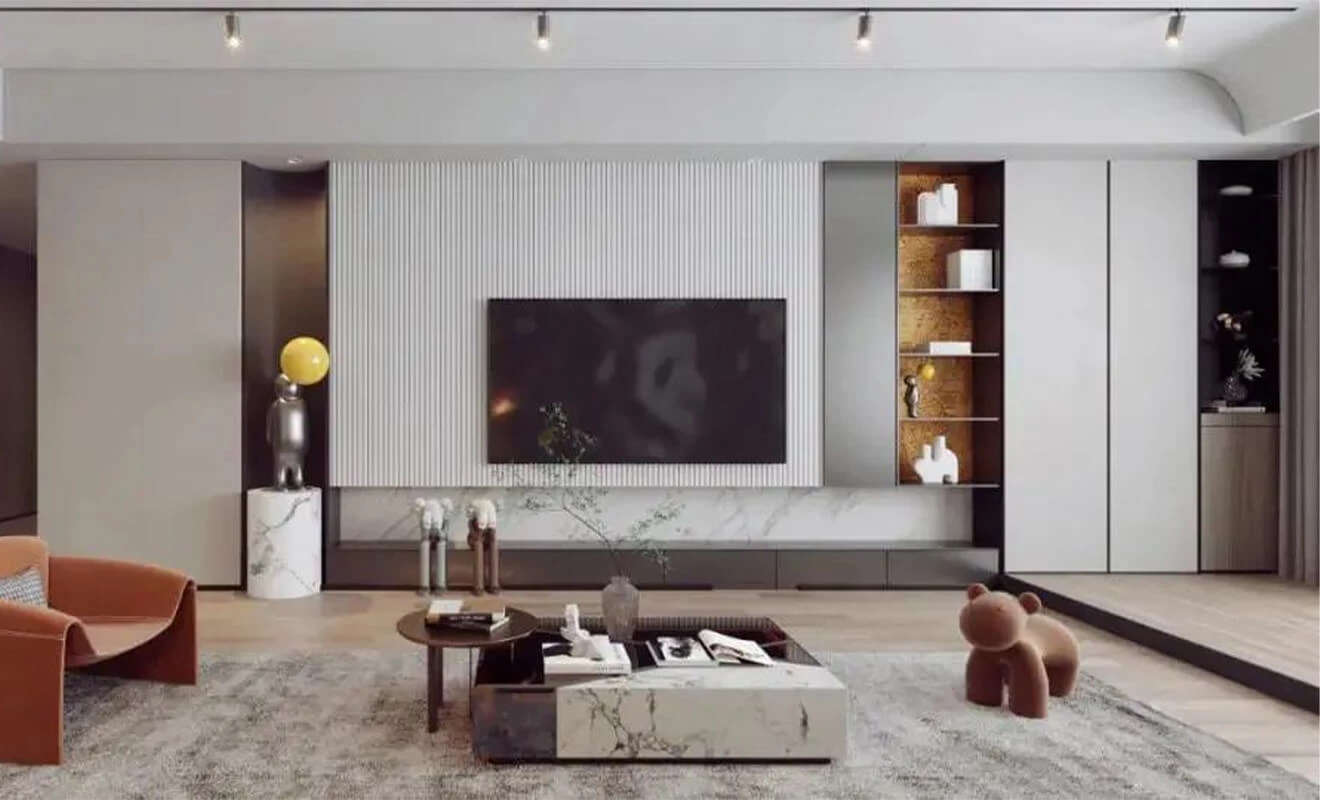 Living room TV wall storage with matching cabinet and wall panels Living room TV wall storage with matching cabinet and wall panels