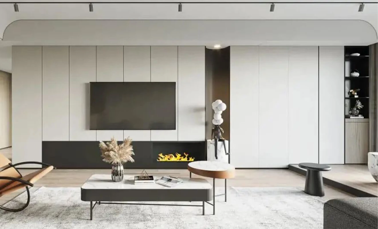 Custom media wall cabinet with closed and open storage Custom media wall cabinet with closed and open storage