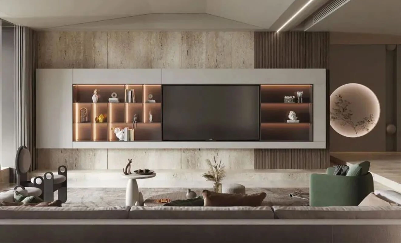 Floating media wall cabinet with concealed storage Floating media wall cabinet with concealed storage