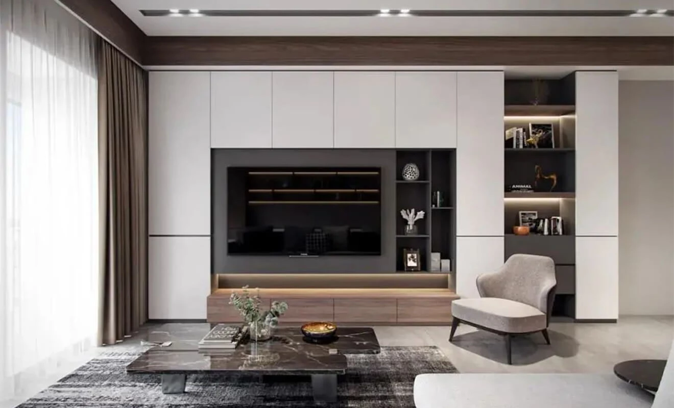Personalized TV wall cabinet with layered display shelves Personalized TV wall cabinet with layered display shelves