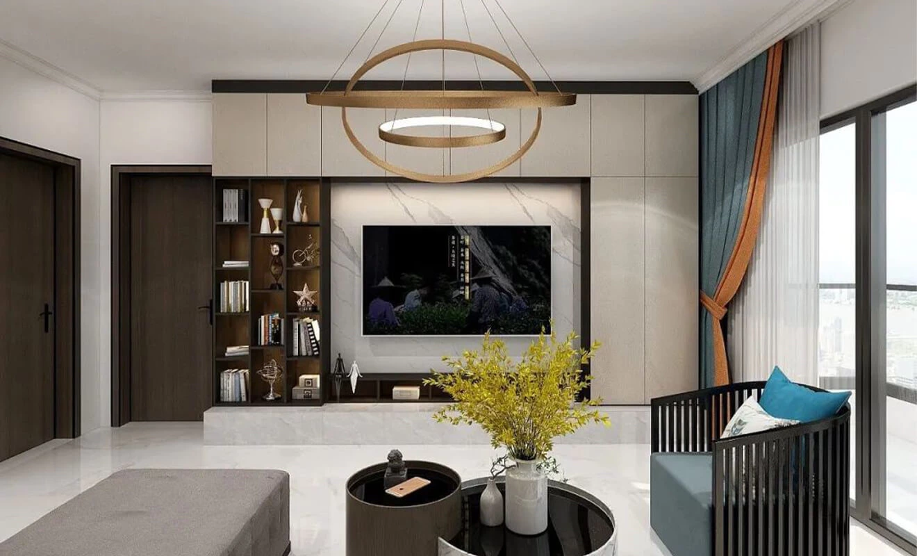 Custom TV unit design with open display and closed storage Custom TV unit design with open display and closed storage