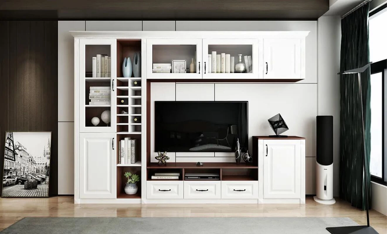 Custom media wall with integrated TV cabinet and shelves Custom media wall with integrated TV cabinet and shelves