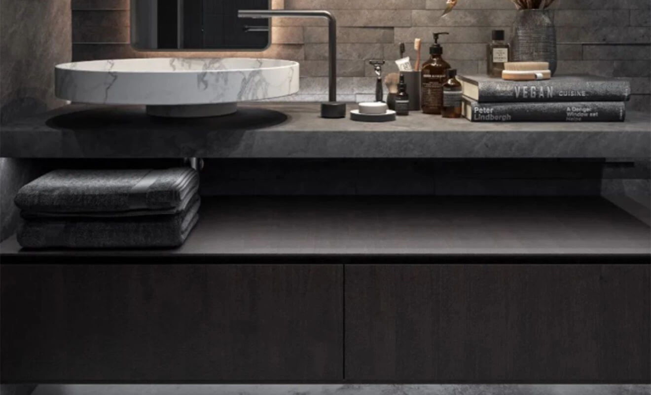 Black bathroom vanity cabinet in a contemporary bathroom