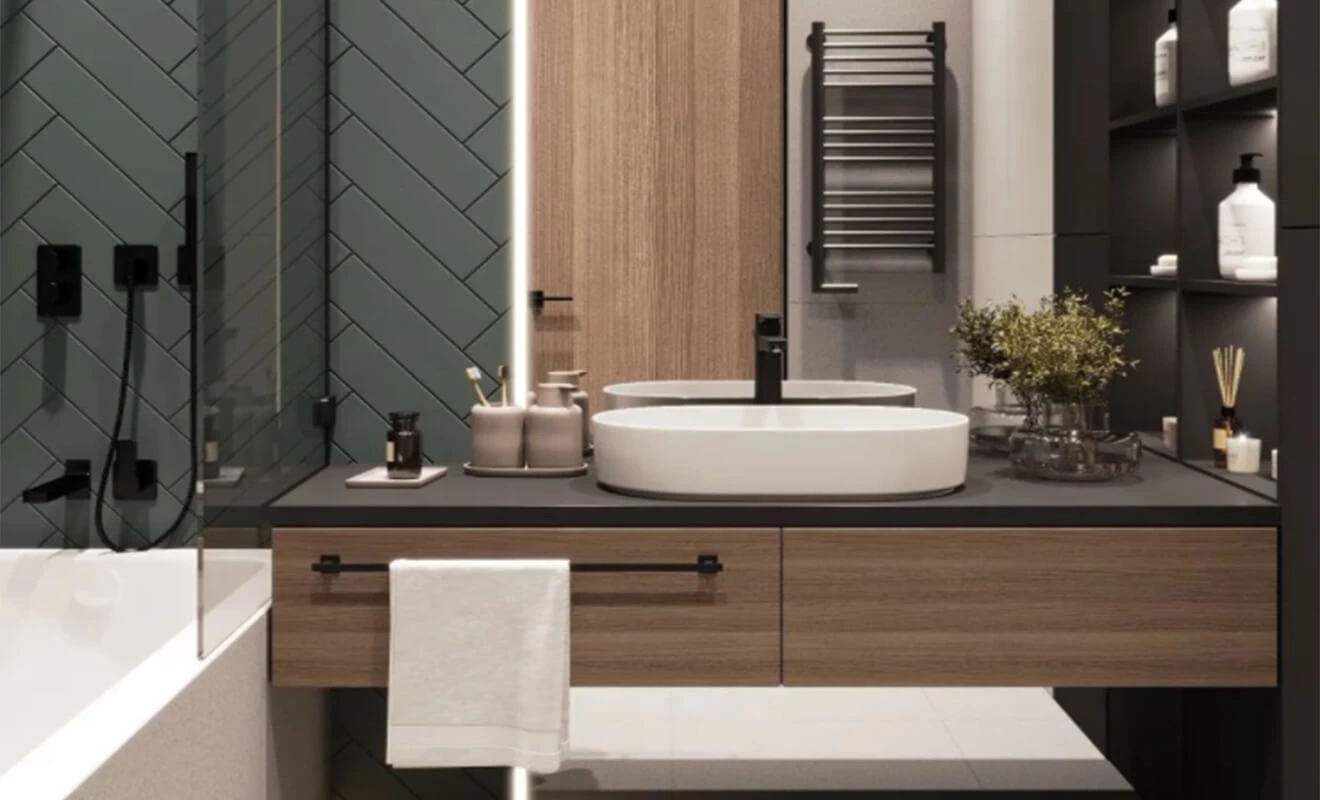 Natural wood tone bathroom cabinet with elegant storage