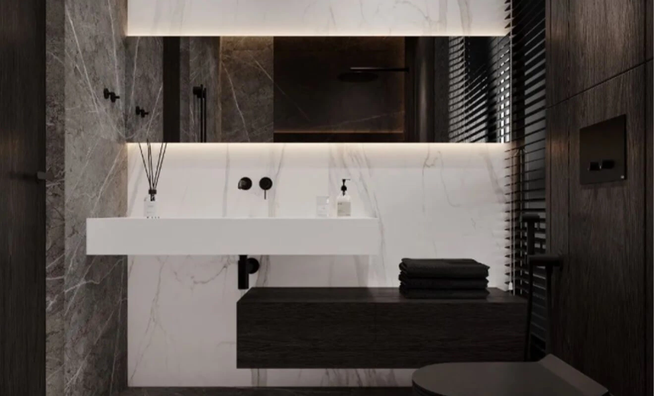 Wall-mounted bathroom cabinet raised above the floor for moisture protection