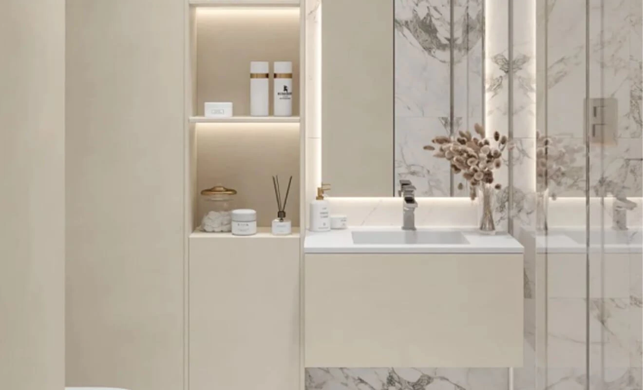 Bathroom mirror cabinet with power outlets and mirror lighting