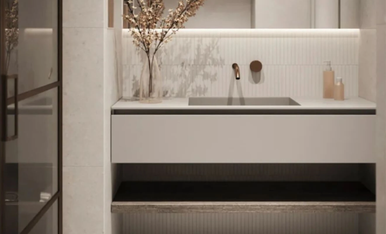 Custom bathroom cabinet storage with drawers and open shelves