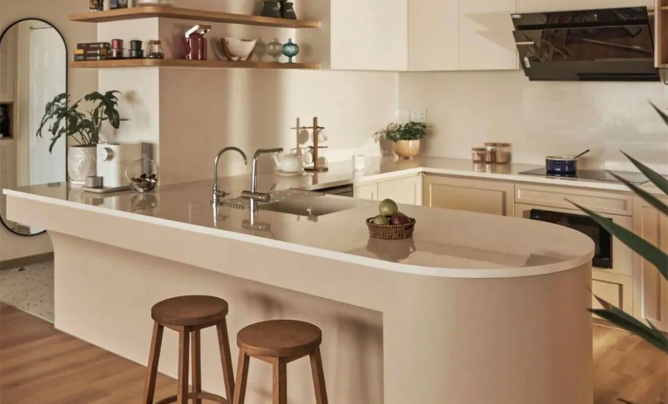 Kitchen island integrated with architectural structural elements Kitchen island integrated with architectural structural elements