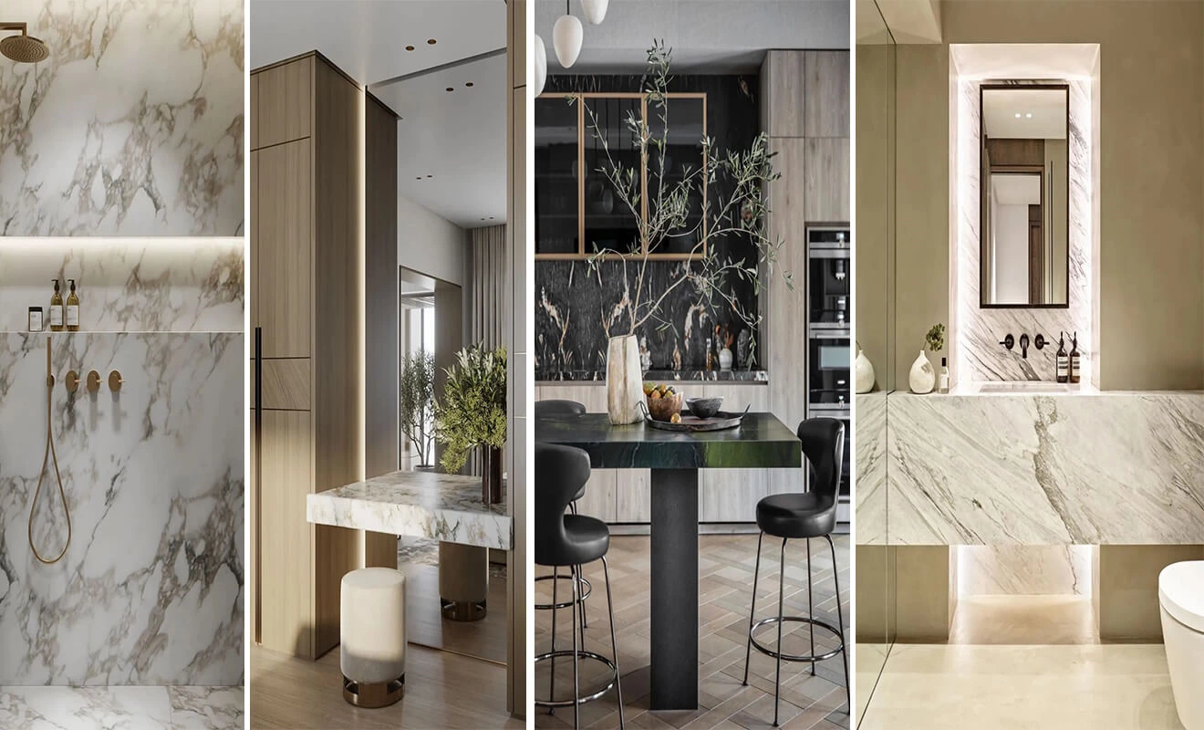 Quartz kitchen countertop with refined veining and custom cabinetry