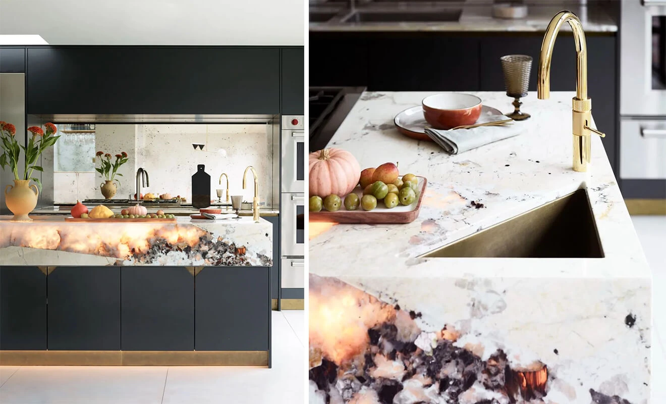 Illuminated kitchen countertop with warm stone texture