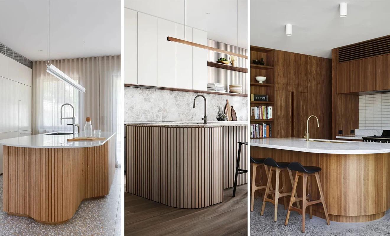 Curved kitchen island countertop with smooth rounded edge