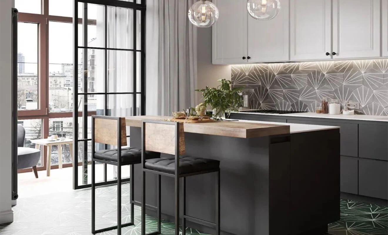 Modern kitchen bar design with high stools Modern kitchen bar design with high stools