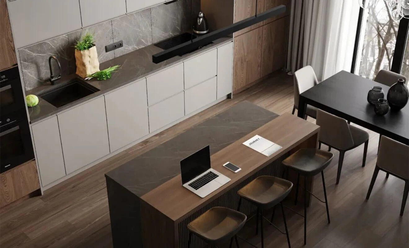 Kitchen bar separating dining and living areas Kitchen bar separating dining and living areas