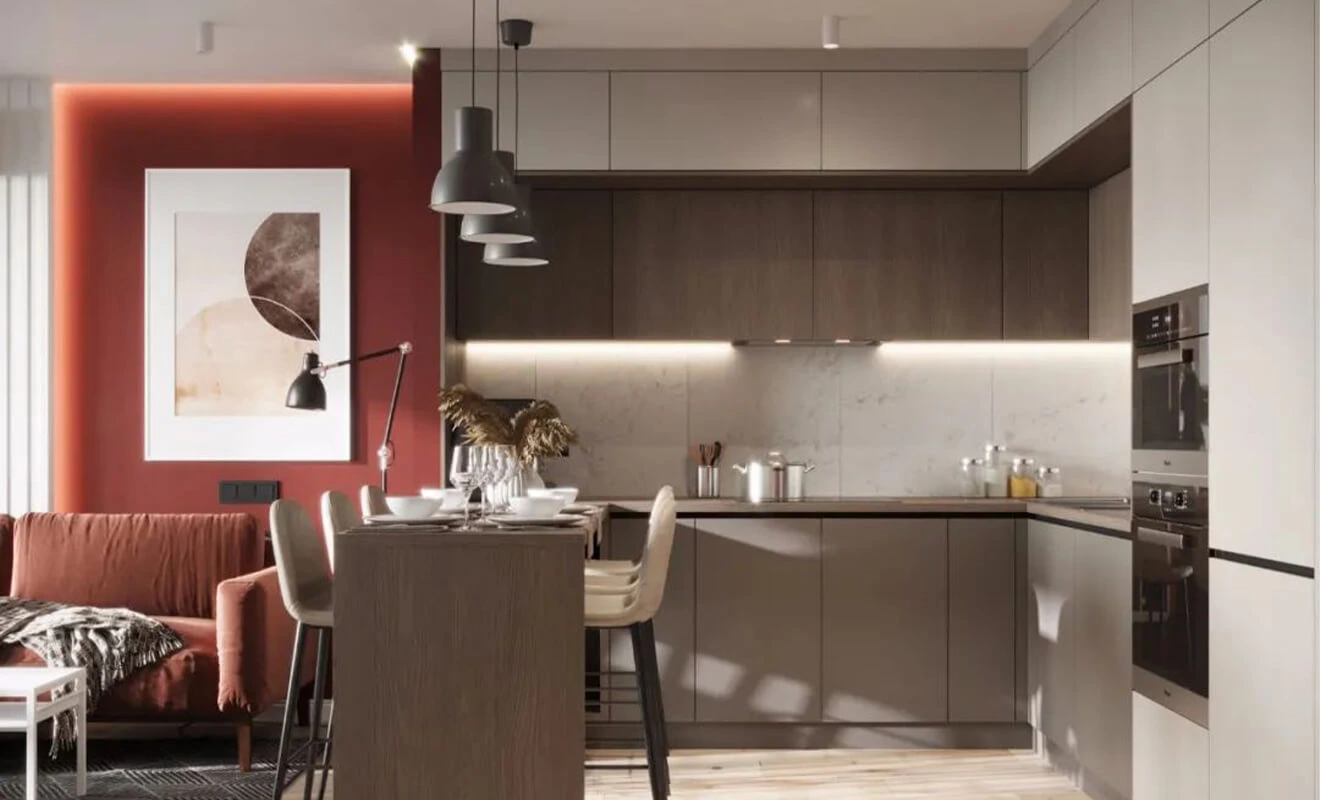Integrated kitchen bar with storage and dining surface Integrated kitchen bar with storage and dining surface