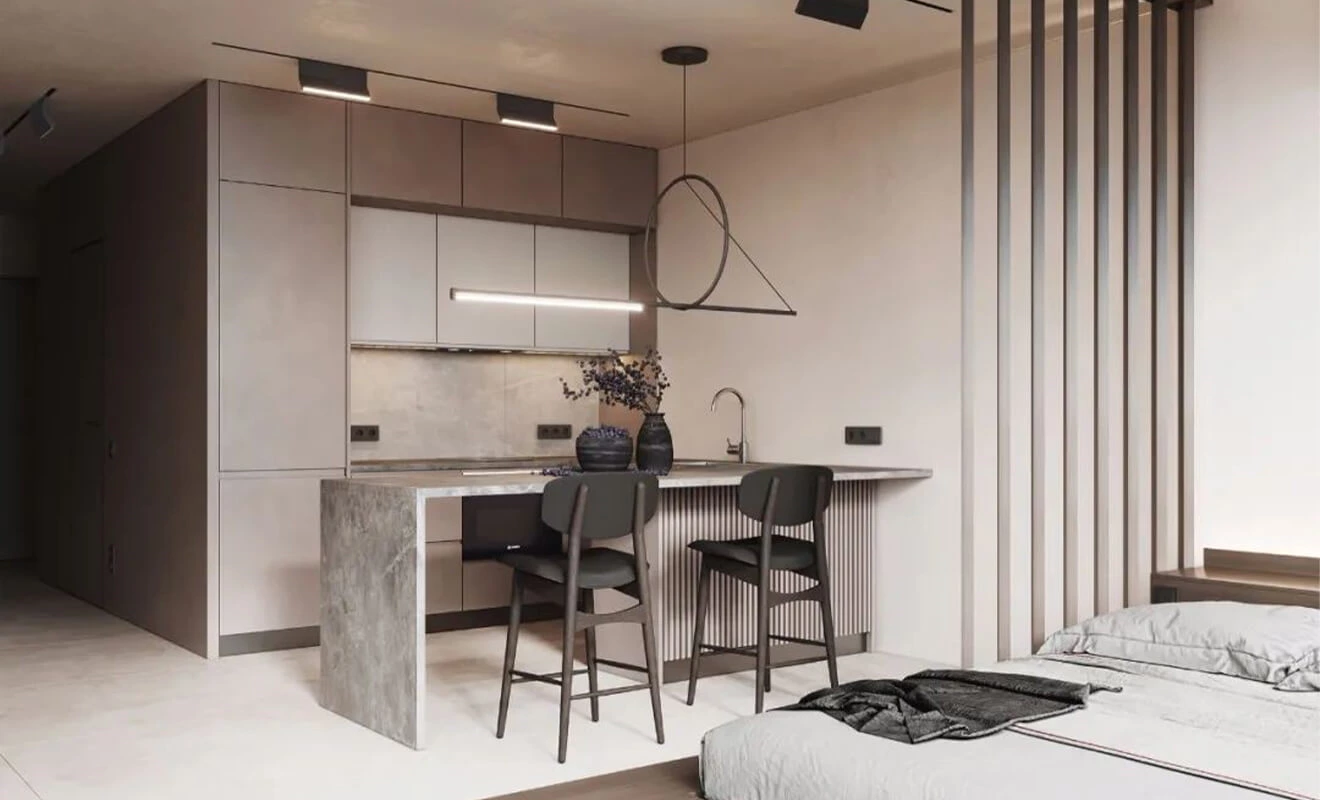 Partition kitchen bar defining an open-plan living space Partition kitchen bar defining an open-plan living space