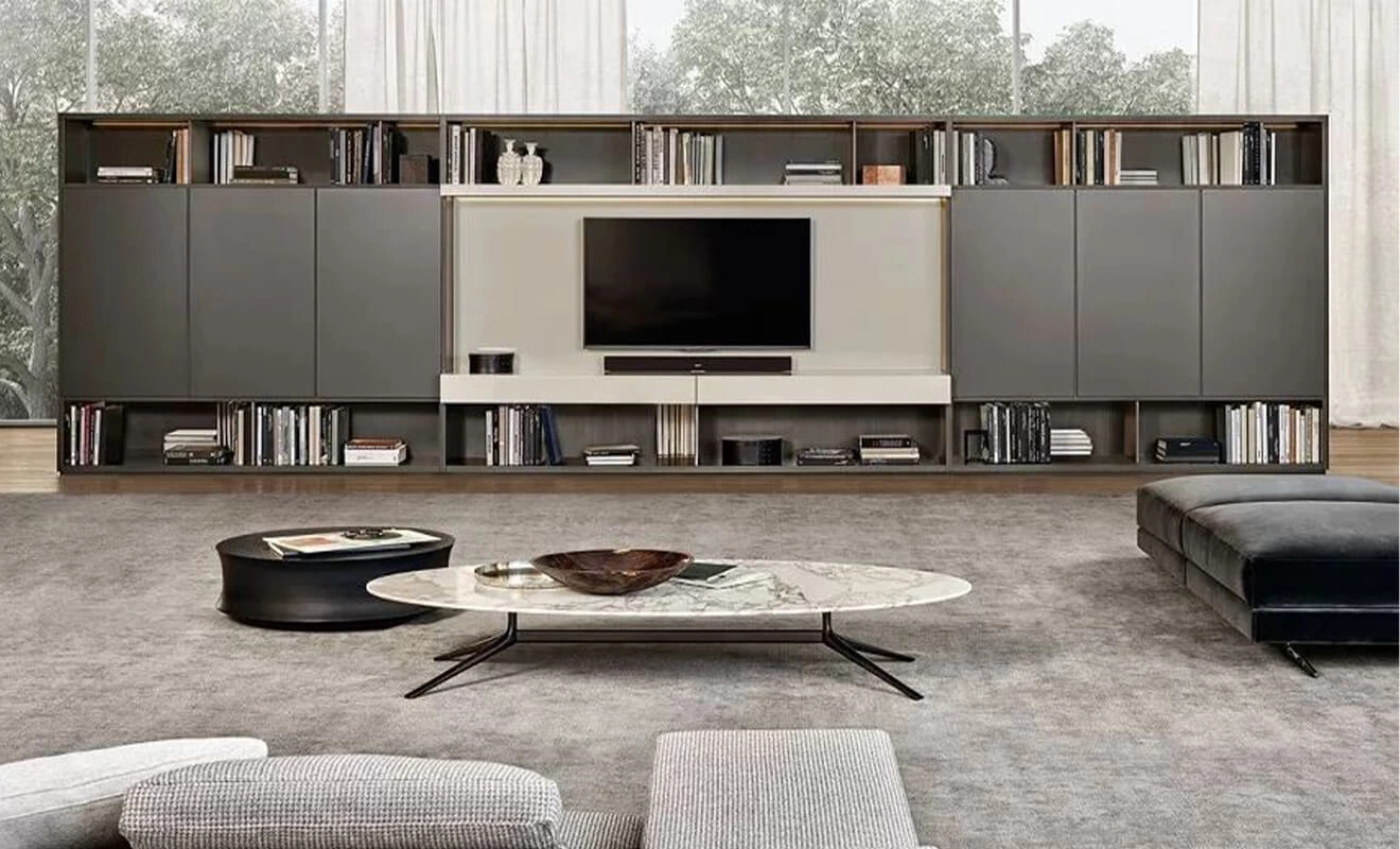 Handleless living room cabinet with integrated TV wall storage
