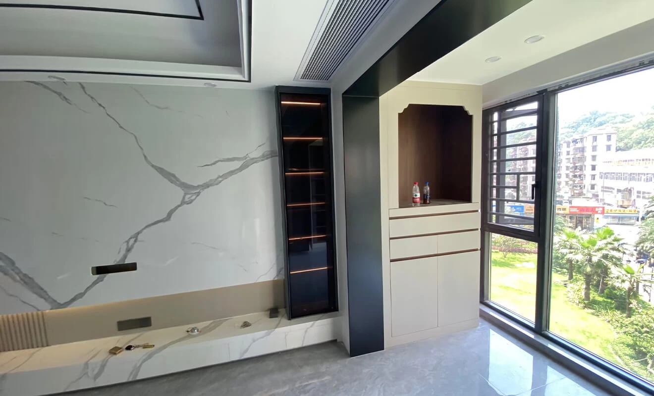 Suspended TV cabinet with tall narrow black glass display cabinets Suspended TV cabinet with tall narrow black glass display cabinets