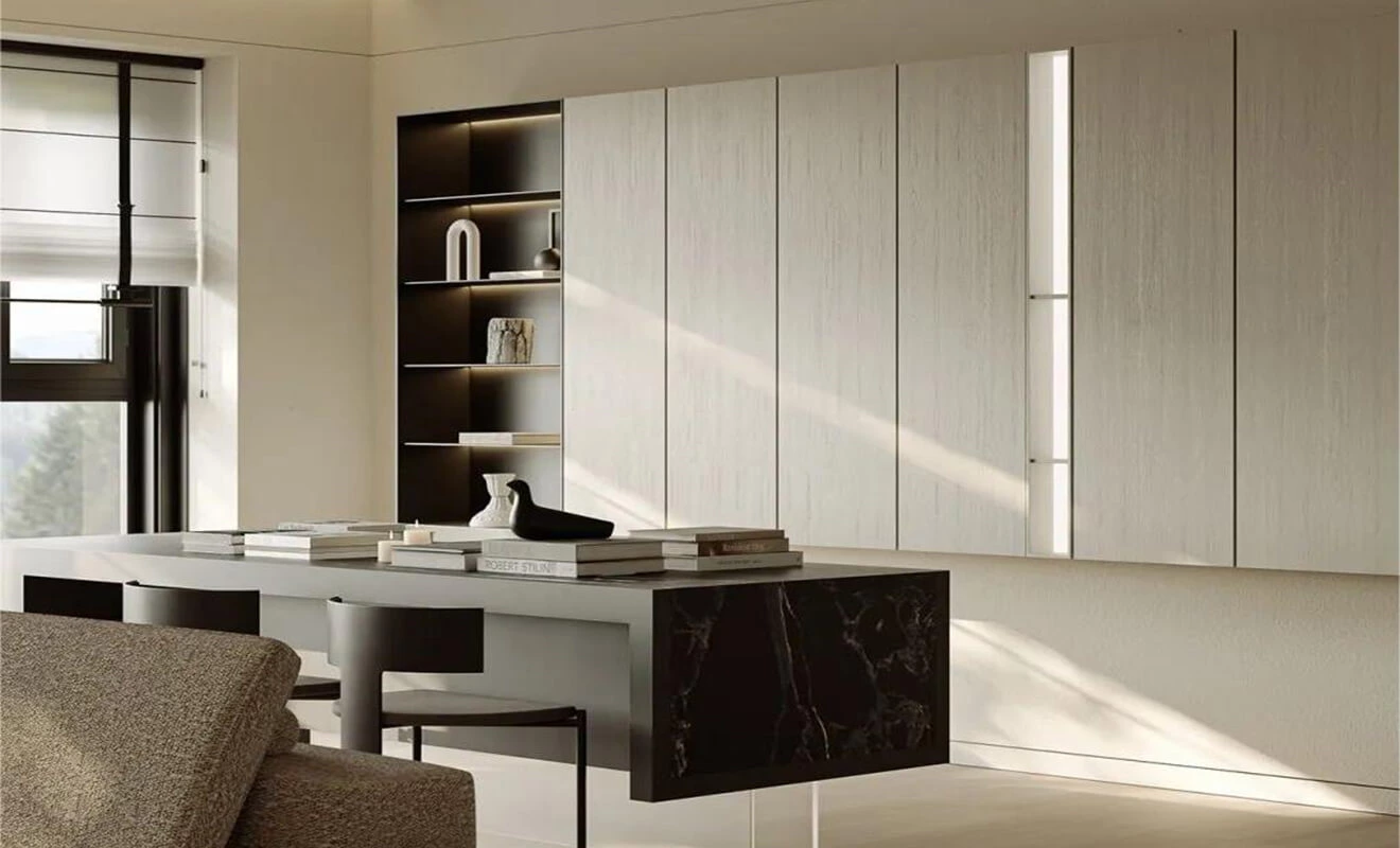Living room office cabinet design with bookshelf backdrop Living room office cabinet design with bookshelf backdrop