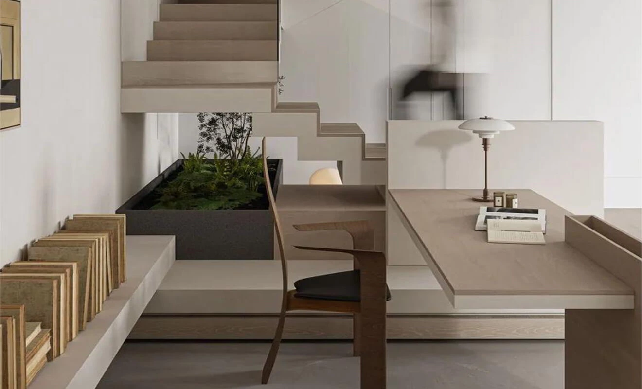 Understairs office space with floating desk and custom storage Understairs office space with floating desk and custom storage