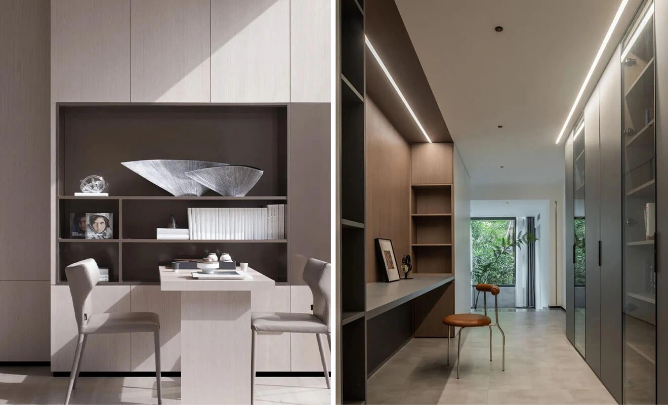 Hallway study with narrow custom desk and built-in cabinets Hallway study with narrow custom desk and built-in cabinets