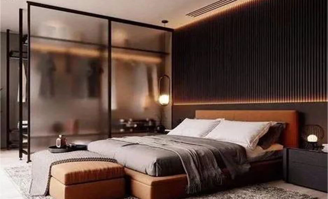 Custom wardrobe partition with practical bedroom storage Custom wardrobe partition with practical bedroom storage