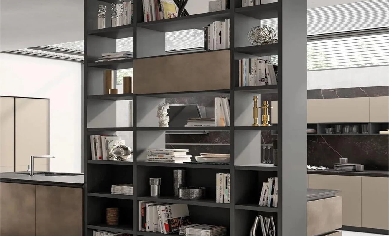 Kitchen island bookshelf cabinet acting as an open space divider Kitchen island bookshelf cabinet acting as an open space divider