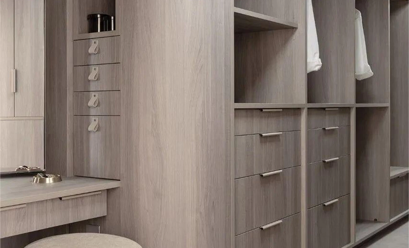 Custom wardrobe with side opening and flexible storage access Custom wardrobe with side opening and flexible storage access