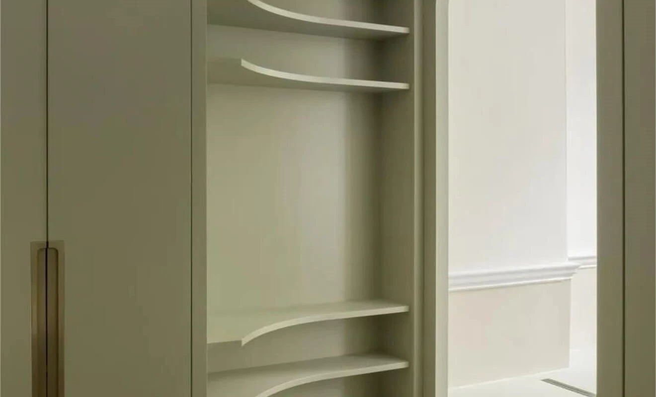 Curved corner custom cabinet with coordinated colors Curved corner custom cabinet with coordinated colors