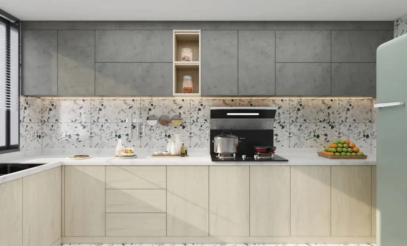 Marble kitchen countertop with natural stone veining