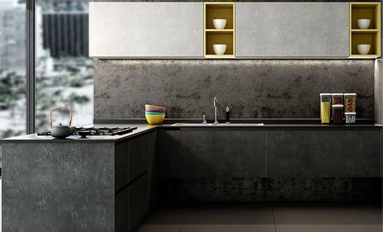 Quartz kitchen countertop with modern cabinet color coordination