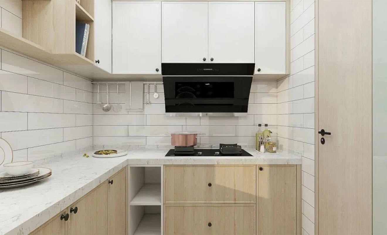 Colorful kitchen countertop with light custom cabinets