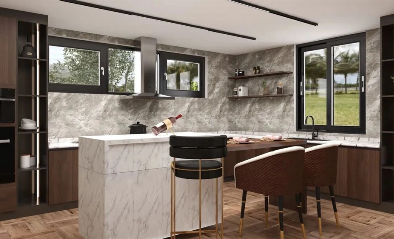 Thick kitchen countertop profile with statement stone pattern