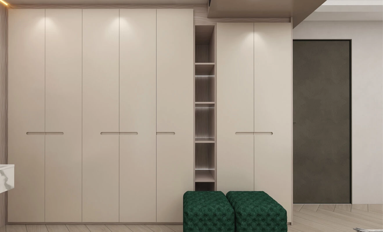 Easy Maintenance Floor-to-Ceiling Cabinets Floor-to-ceiling cabinet doors with a clean easy-to-maintain surface