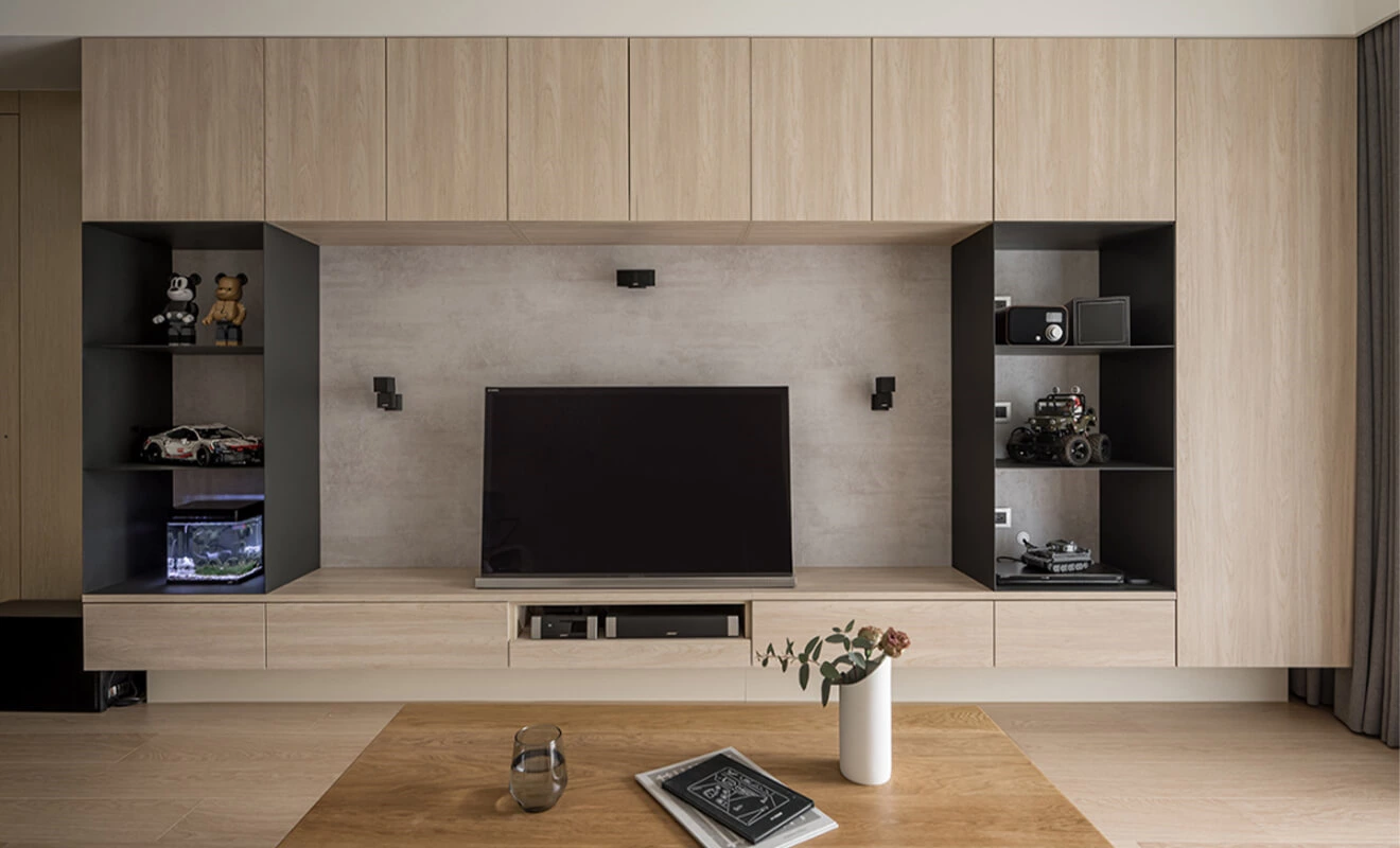 Full Height TV Cabinet Doors Full height TV cabinet doors with open display shelves