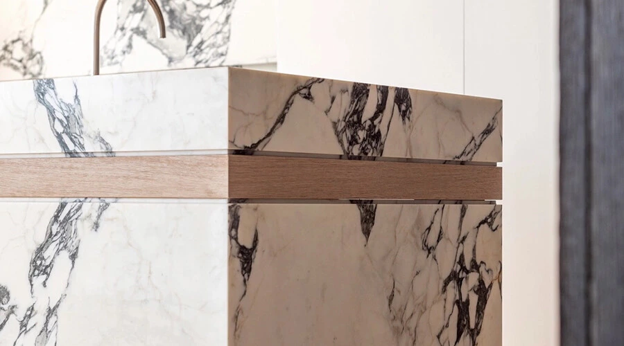 Modern White Melamine Kitchen Cabinets with Marble Look