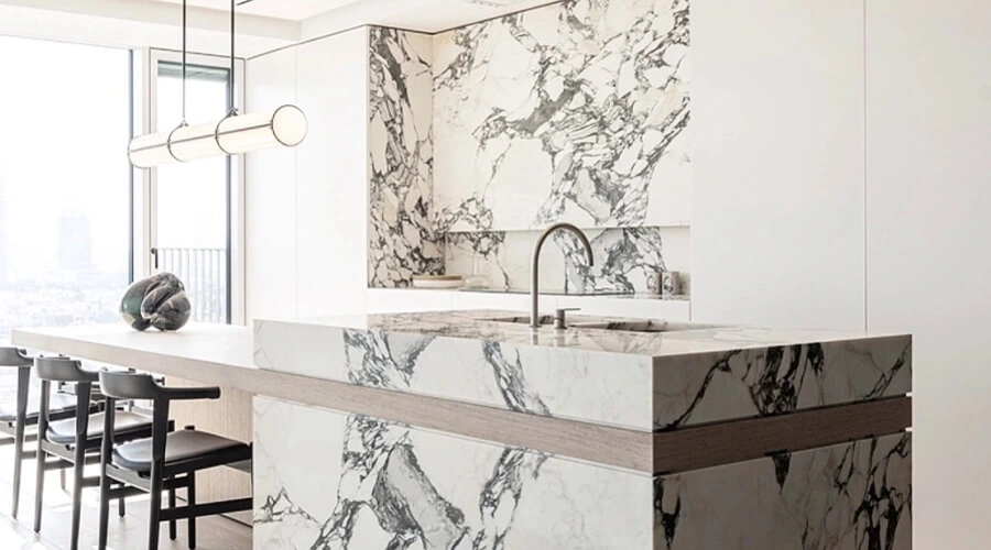 Modern White Melamine Kitchen Cabinets with Marble Look