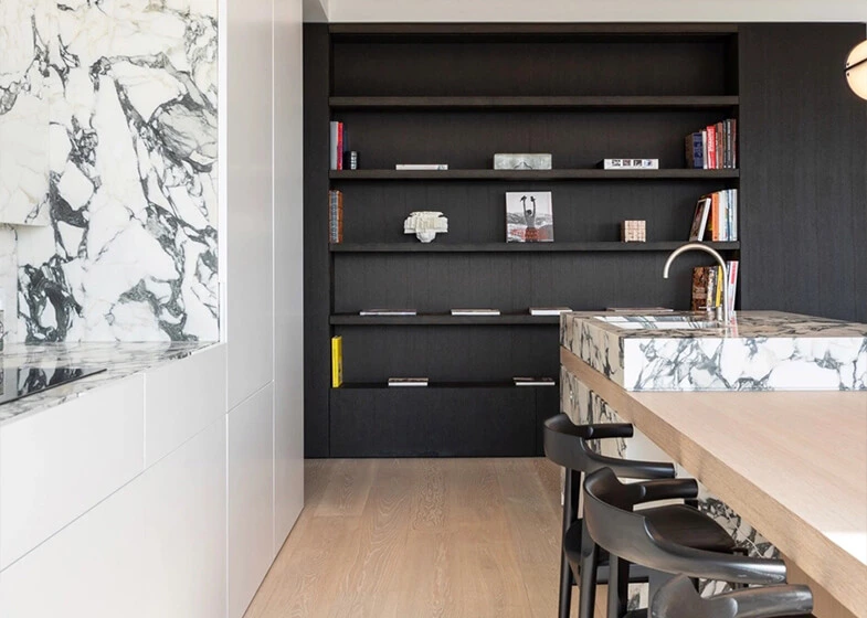 Modern White Melamine Kitchen Cabinets with Marble Look