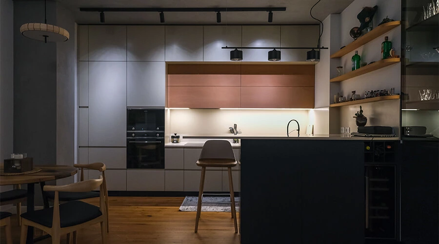 Contemporary Style U Shaped Apartment Colored Kitchen Cabinets