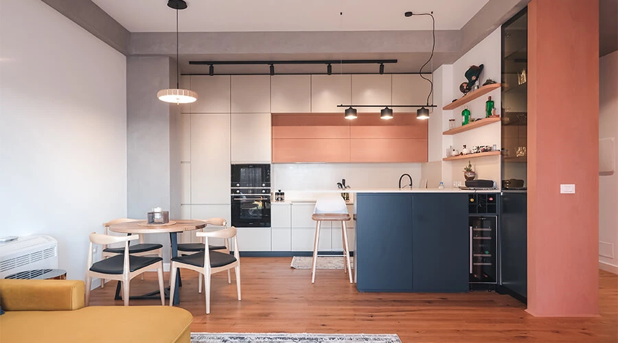 Contemporary Style U Shaped Apartment Colored Kitchen Cabinets