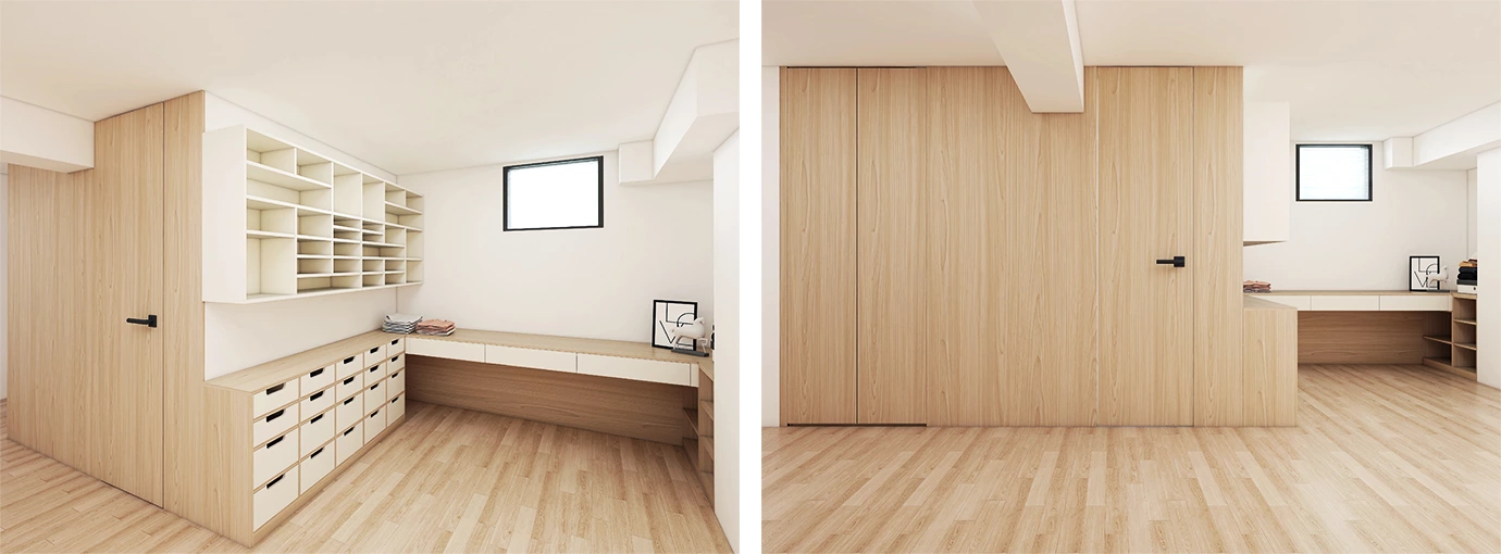 A Wood-and-White Style Basement That Does It all