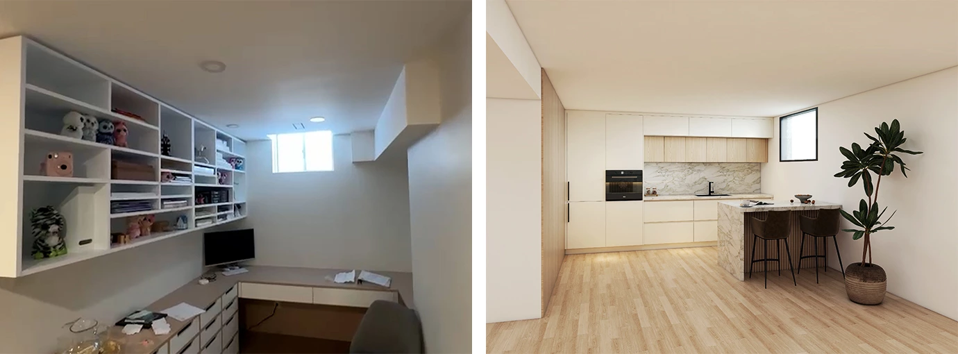 A Wood-and-White Style Basement That Does It all