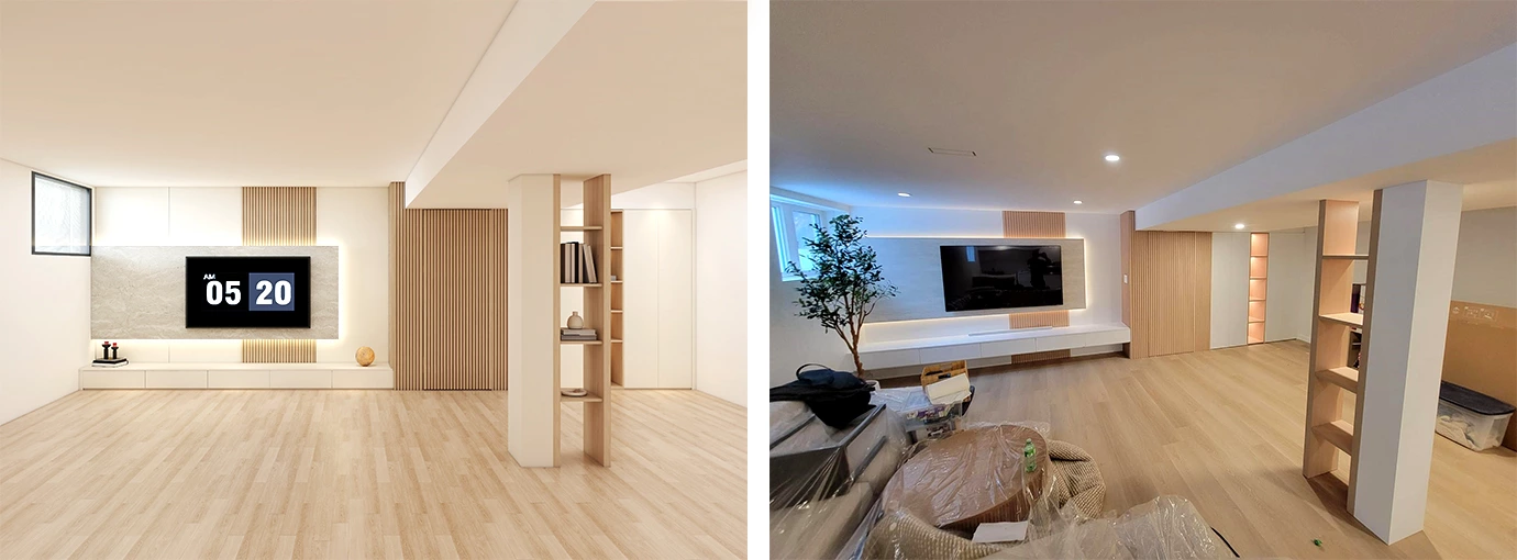 A Wood-and-White Style Basement That Does It all