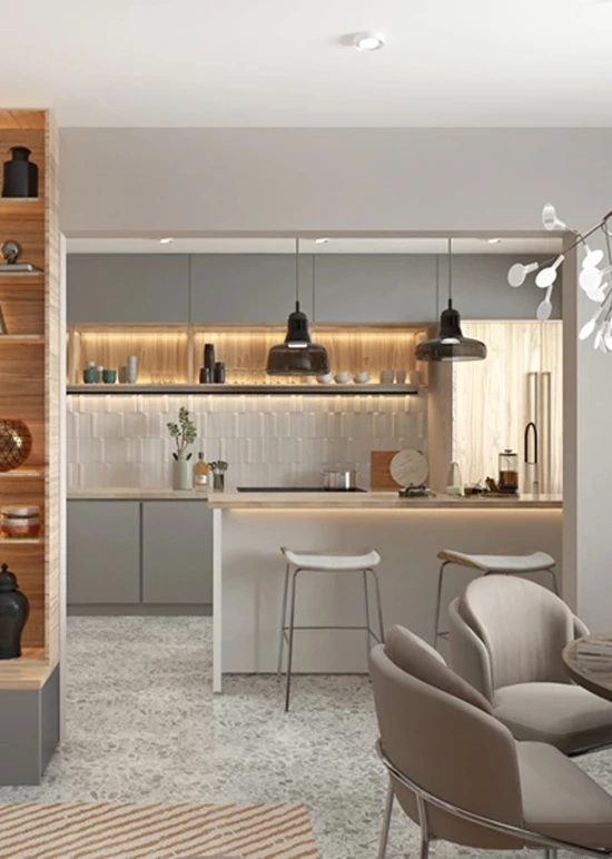 Modern L-shaped Gray Wood Grain Cabinets With Lsland