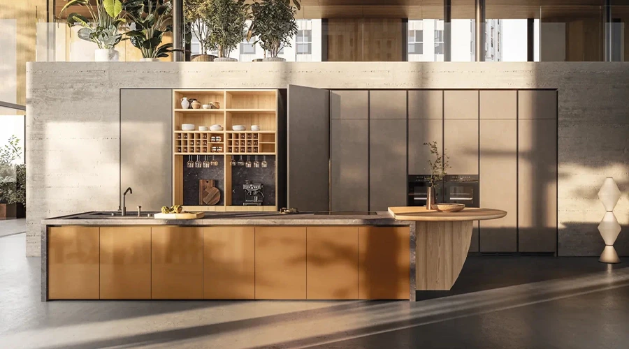 Warm Wood Kitchen Island Cabinetry with Sintered Stone Cooktop
