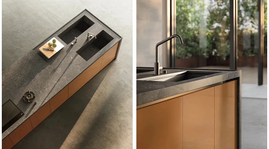 Warm Wood Kitchen Island Cabinetry with Sintered Stone Cooktop