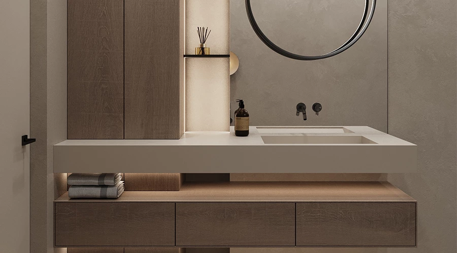 Floating Quartz Vanity with Sink and Wood Drawers Tall Cabinet