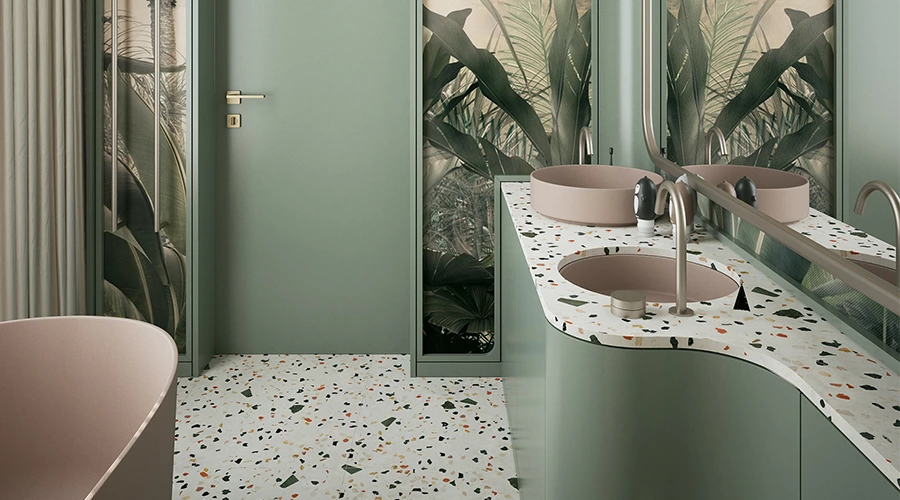 Dual Basin Vanity with Curved Design and Tiered Storage