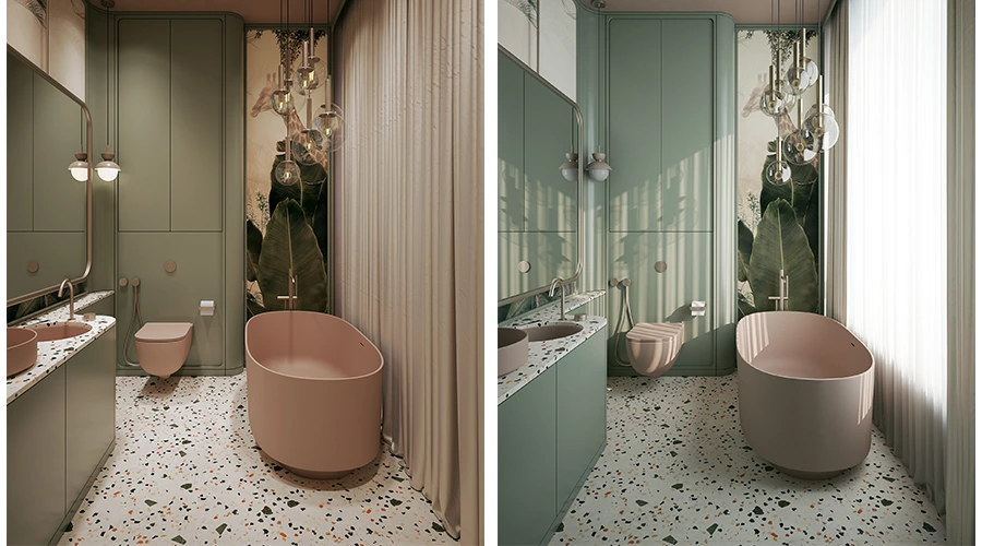 Dual Basin Vanity with Curved Design and Tiered Storage