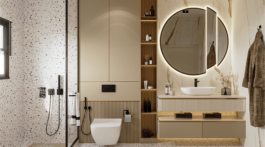 Floating Matte Vanity with Fluted Panels and Quartz Countertop